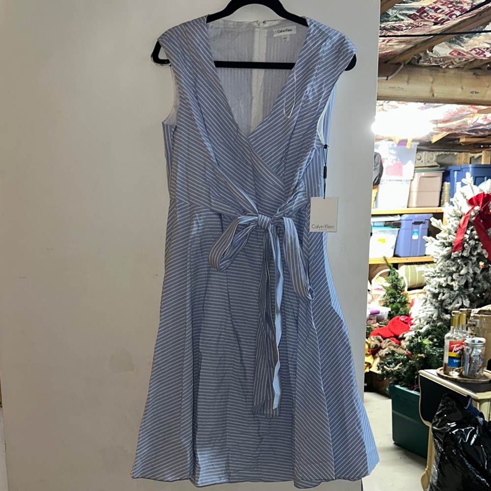 Calvin Klein Blue and White Tie Front Midi Sundress
